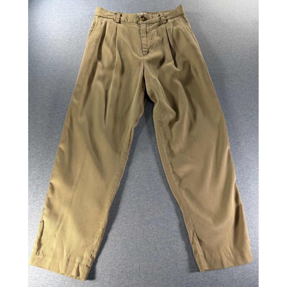 Loft Tan Khaki Pleated Lyocell Trousers High Waist Elastic Back Pants Size 6